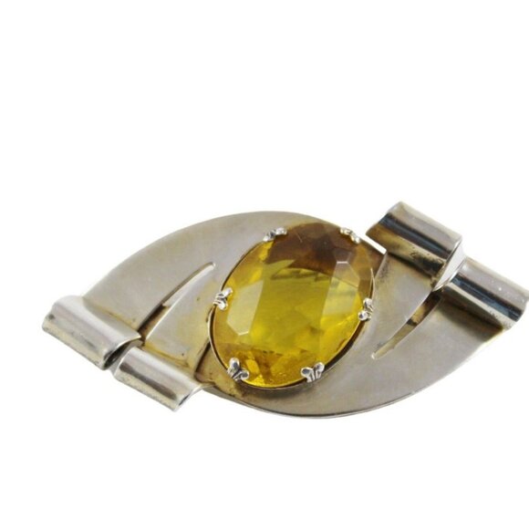 Coro Craft Sterling Silver Bow Brooch with Citrine Color Oval Stone - Picture 3 of 5